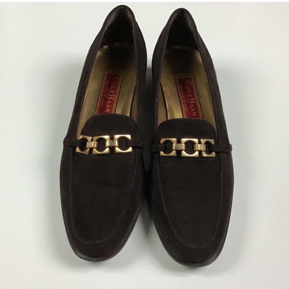 Cole Haan City Carina Black Suede Loafers with Gold Hardware
